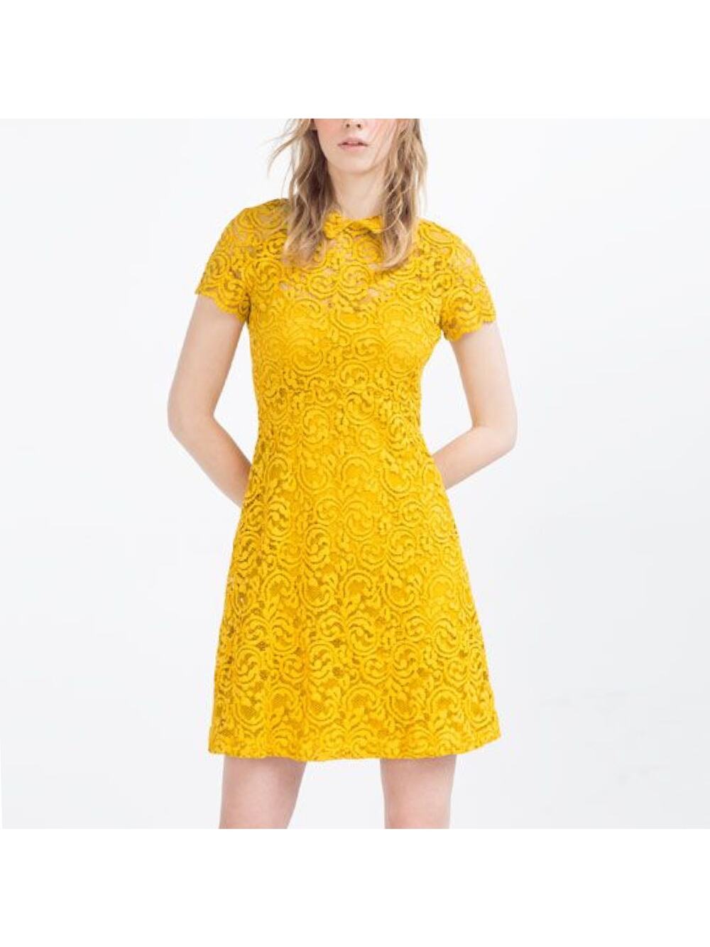 Zara Basic Yellow Floral A-Line Peter Pan Collar Mini Dress Small